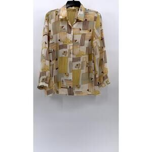 CA MEE Women's Vintage 70's Tan-Beige Square Print Button-Up Long Sleeve Top SZM